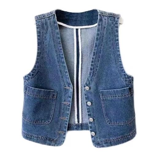 Generisch gilet di jeans da donna, senza maniche, taglie grandi, per il tempo libero, estivo, in jeans, con scollo a v, con tasche, stile vintage, in denim, blu, xxl