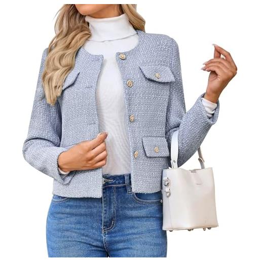 HUEOBIR cappotto corto da donna in tweed a maniche lunghe con tasca elegante slim fit lavoro ufficio business corto tweed blazer, beige, small