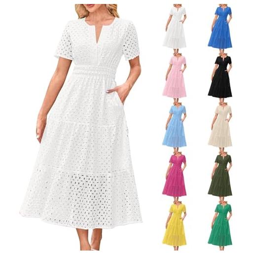 Generic abito a maniche corte con occhielli, scollo a v, traforato, linea a, lungo, svolazzante, da spiaggia, boho, casual, elegante, lungo, maxi, con tasche (white, m)