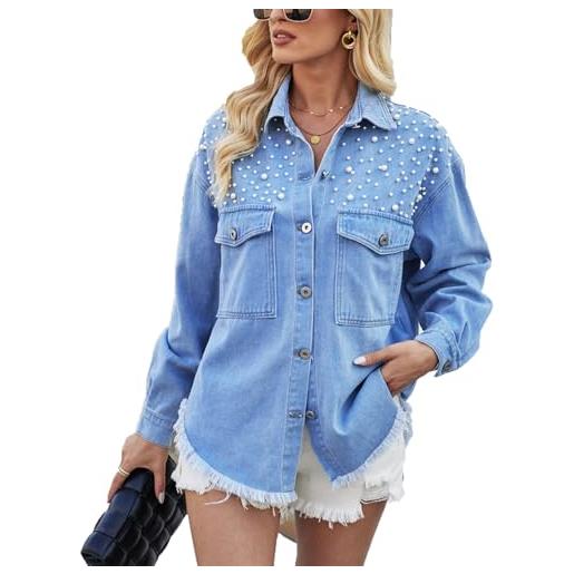 Generic camicie con perline in denim lavato button up jean tops western tasche sul petto casual denim camicia giacche
