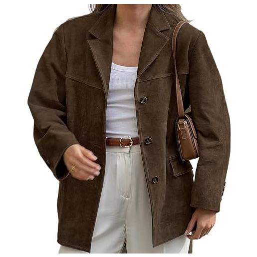 Attria cottagecore - giacche oversize in pelle scamosciata y2k da donna in camoscio blazer autunnale casual giacca a maniche lunghe capispalla, marrone, m