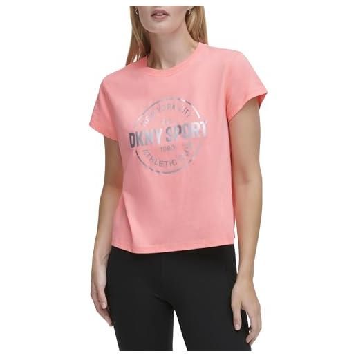 DKNY t-shirt metallica con logo athletic medallion, atomic pink, m donna