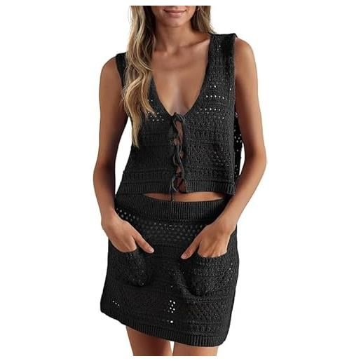 Saodimallsu costume da bagno da donna, set bikini cover up 2 pezzi, costume intero, top corto senza maniche, gonna in maglia, vestito a crochet da spiaggia, moda mare, vestito da spiaggia lavorato a