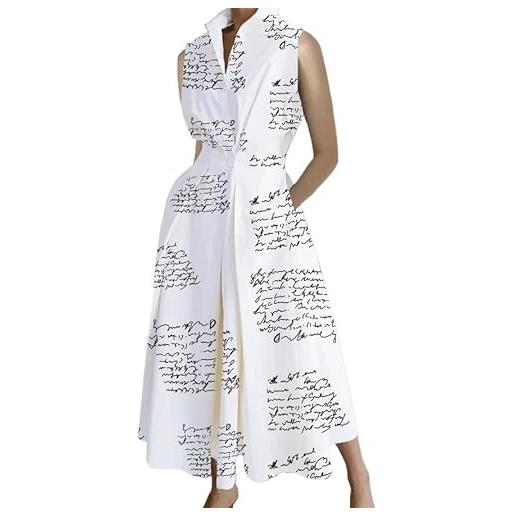 DSAoTeng maxi abito estivo da donna in cotone, con tasche, senza maniche, scollo a v, abito retrò per pendolari a vita alta, con risvolto plissettato, svasato, per ufficio e spiaggia, pois bianco. , s