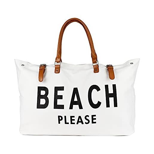 Lamyba borsa da spiaggia con manico in pelle vegana, borsa da spiaggia extra large da donna impermeabile a prova di sabbia, bianca, bianco, extra large