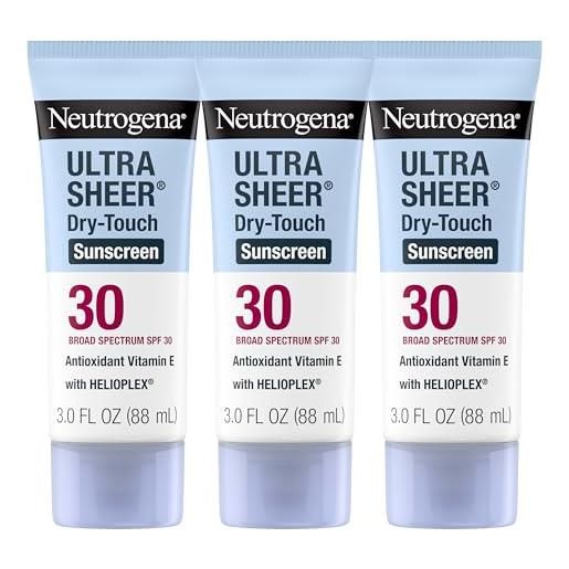 Neutrogena ultra sheer dry-touch sunscreen lozione broad spectrum spf 30 uva/uvb, senza ossibenzone, impermeabile, non comedogenica, non greasy, da viaggio, 3 pezzi