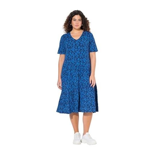 Ulla Popken abito di jersey dal taglio svasato con scollo a v, mezze maniche e volant blu pavone 58+ 836102740-58+