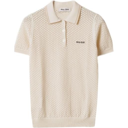 Miu Miu polo in cotone con ricamo logo - toni neutri