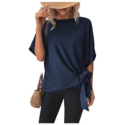 JECTZ donna casual off spalla tunica top collo tinta unita t-shirt manica lunga camicetta donna maniche a pipistrello top donna orlo sciolto annodato top(blue/xl)