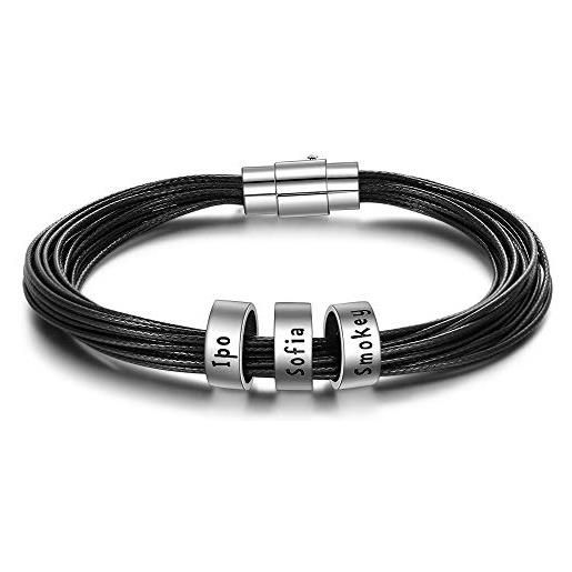 Smileface bracciali da uomo in pelle, personalizzabili, con nome argentato, ideale come regalo di compleanno per papà e nonni e argento, colore: 3 perline. 