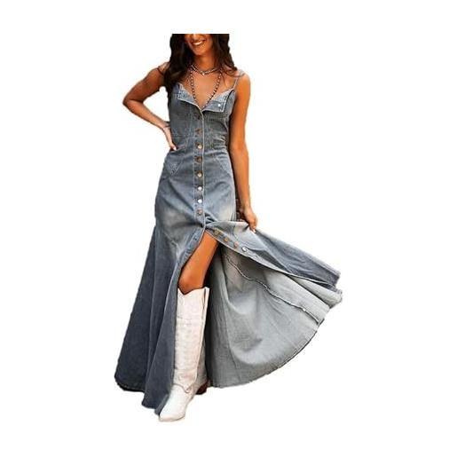 VIVICOLOR abito lungo in denim con spalline sottili da donna, bottoni sul davanti, maxi abito in denim vintage, senza maniche, fluido, lungo, in jeans