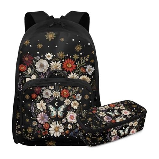 YDFISH zaino per ragazze 12-14 scuola media zaino con scatola per il pranzo per bambini ragazze borse scuola elementare borsa libro, farfalla fiore, medium