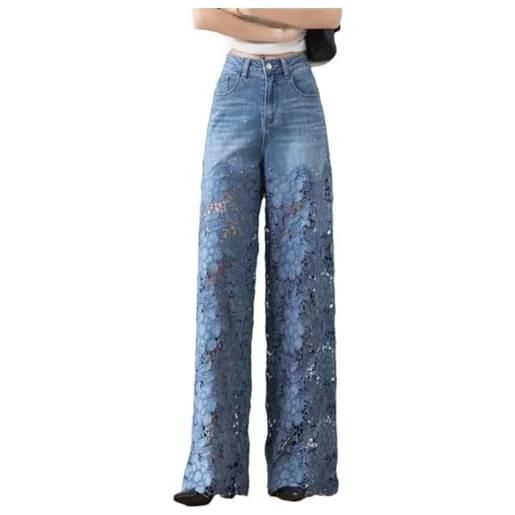 Hecatombic jeans da donna con giunture a fiori in pizzo cavo jeans dritti a vita alta casual e larghi alla moda pantaloni estetici punk chic ed eleganti (blu, xxl)