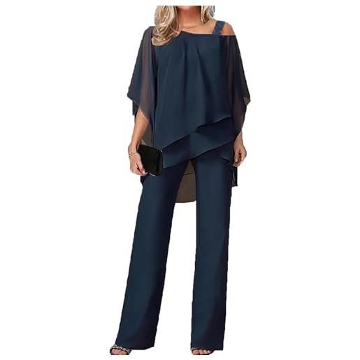 MASUCOR tailleur pantalone da donna elegante 2 pezzi 3/4 maniche a pipistrello camicie irregolari + pantaloni a vita alta a gamba larga set in due pezzi abito da sera abito semplice per il tempo libero(blue, x