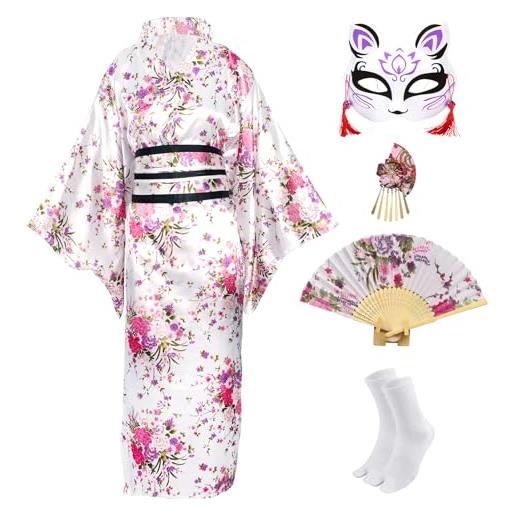 CRFASIBE 5 pezzi donna lungo kimono robe, vestaglie kimono giapponesi con stampa sakura, set di abito cosplay giapponesi yukata con accessori(bianco)