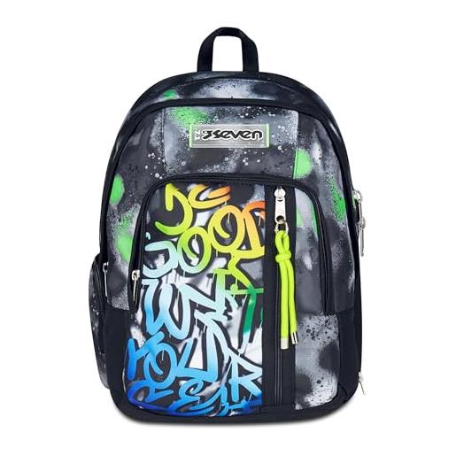 Seven zaino scuola dual detach, nero verde, doppio scomparto da 32 l, con tasca pc, tasca borraccia, tasca con organizer e scomparto staccabile, scuola media e superiore, zaino ragazzo