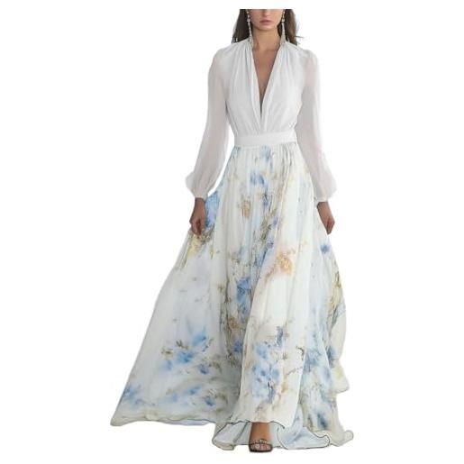 Minetom donna vestiti lunghi da matrimonio elegante collo v vestito a pieghe stampa floreale chiffon abito maxi damigella sera cerimonia b1 rosa xxl