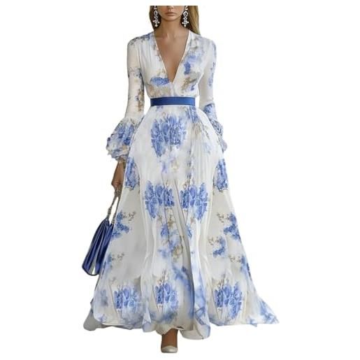 Minetom donna vestiti lunghi da matrimonio elegante collo v vestito a pieghe stampa floreale chiffon abito maxi damigella sera cerimonia e blu m