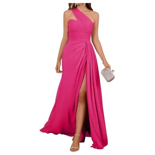 HPPEE abiti da damigella d'onore in raso monospalla per le donne con spacco plissettato chiffon lungo abito formale, rosa acceso, 38