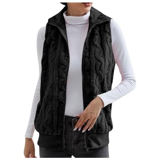 WIndsfinr gilet in pile da donna, senza maniche, con cappuccio, elegante, cardigan da donna, taglie forti, gilet per abbigliamento streetwear, nero , xxl