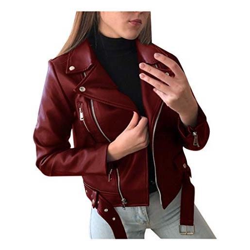 Generisch 2025 - giacca in similpelle da donna con cerniera a maniche lunghe cappotto sciancrato giacca corta da donna cappotto da , vino, xxl