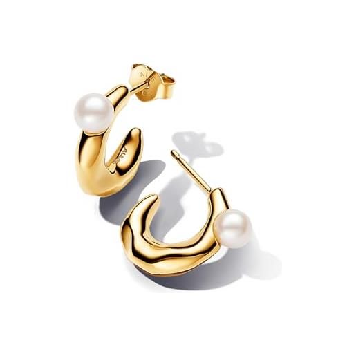 PANDORA essence orecchini a bottone placcati in oro 14k con perla coltivata d'acqua dolce trattata bianca, orecchini a cerchio