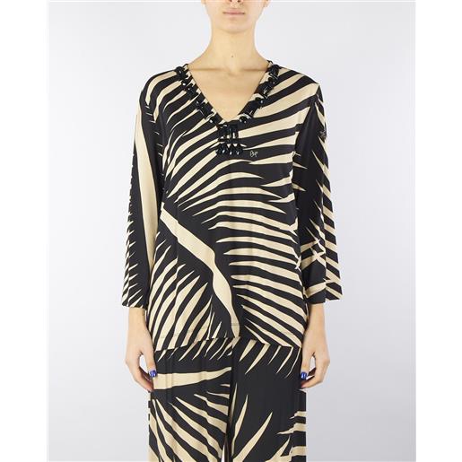 CLIPS blusa a fantasia nero-beige con dettaglio pietre sullo scollo
