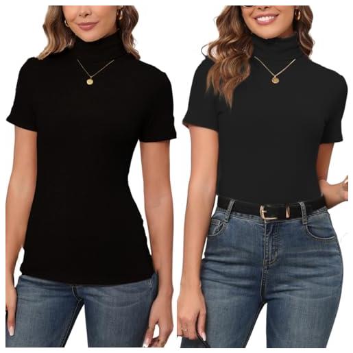 Enjoyoself maglione maniche corte in cotone collo alto pullover elegante a maglieria-2 x nero/l