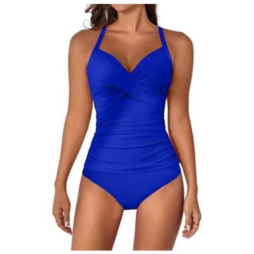 B2prity costume da bagno da donna tankini con volant, scollo a v e cintura - costume da bagno in due pezzi con effetto di controllo della pancia, blu reale, l