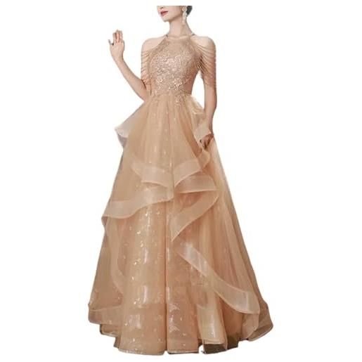 AERTFUYX abito da donna a balze con paillettes color champagne, elegante, con spalle scoperte, lungo, per feste, serate, principesse, bianco, l