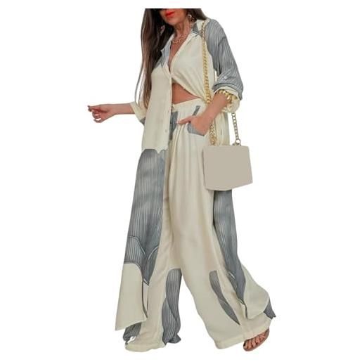SHINROAD set di abiti larghi da donna con scollo a v a contrasto con stampa patchwork, pantaloni casual a due pezzi con pantaloni a gamba larga, albicocca, xl