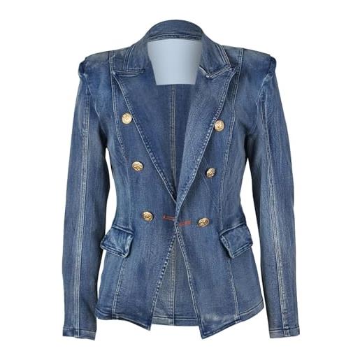Generisch - blazer da donna in jeans, lungo, per la mezza stagione, elegante, jeans scuro, grande taglia, slim fit, denim, giacca vintage, biker, revers, streetwear, giacca casual, giacche da donna