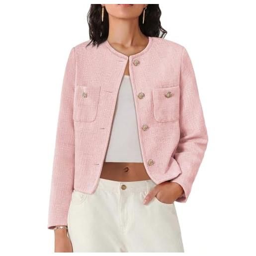 Juankrynord giacca da lavoro in tweed corta casual con bottoni a maniche lunghe da donna primavera 2025 manica lunga colletto rotondo arrotolato blazer casual con bottoni e tasche (khaki, s)