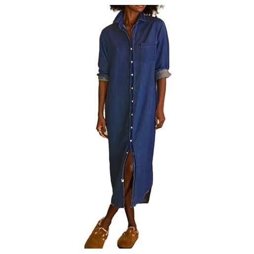 Generic vestito lungo in denim con bottoni da donna, con risvolto, a maniche lunghe, ampio e leggero, lungo in jeans