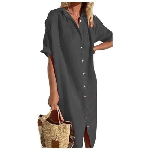 Generic abito casual a maniche corte con bottoni, abito a maniche corte con bottoni per donna, abiti larghi con maniche a camicia e bottoni (grey, l)