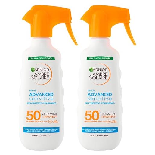 Garnier ambre solaire advanced sensitive spray solare spf 50+ protezione molto alta pelli sensibili ipoallergenico resistente all'acqua con ceramidi ripristina barriera cutanea - 2 flaconi da 270ml