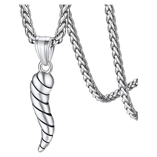 Collana Portafortuna Con Ciondoli Cuore Sacro, Cornetto E Corna - Colore Argento, Catena In Acciaio, Simboli Tradizione Italiana