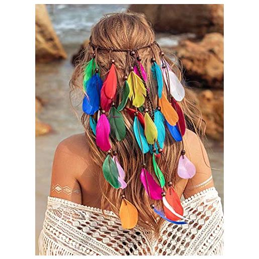 Fashband fascia per capelli indiana con piume, stile bohémien, arcobaleno, stile hippie, tribale, con perline, per festival e feste, accessorio per capelli per donne e ragazze (a)