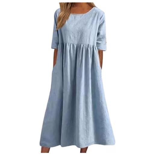 Generic abito da donna casual basic outdoor girocollo tasca in cotone smock, abito midi a mezza manica sciolto in lino per le donne, azzurro, m