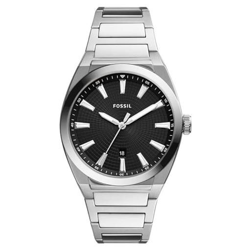 Fossil orologio everett da uomo, movimento al quarzo con data a tre lancette e cinturino in pelle o acciaio inossidabile, 42 mm, tono argento e nero