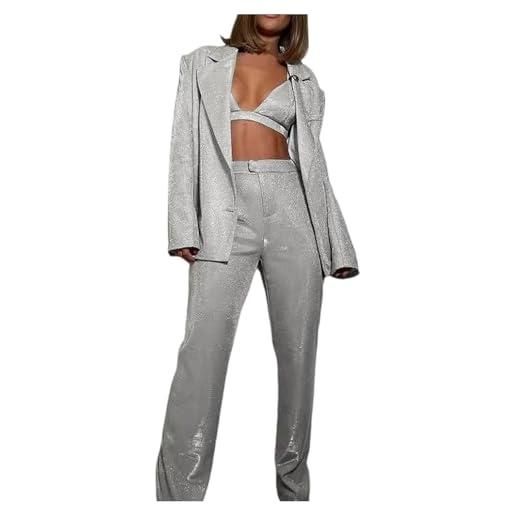 Coo2Sot completo donna elegante tailleur, pantaloni lunghi e larghi scintillanti, tuta abbigliamento suit tuta casual outfit blazer lucido biancheria intima pantaloni dritti tre pezzi (silver, l)