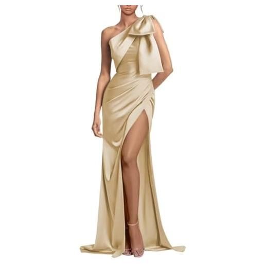 YIANN abito da donna monospalla formale con fiocco a fessura lungo in raso sirena abito da sposa abito da ballo lungo, champagne, 40
