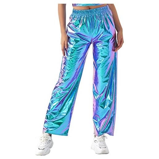 Odizli pantaloni da donna con glitter metallizzati anni '80 anni '90, a vita alta, ologramma, hip hop, blu, l