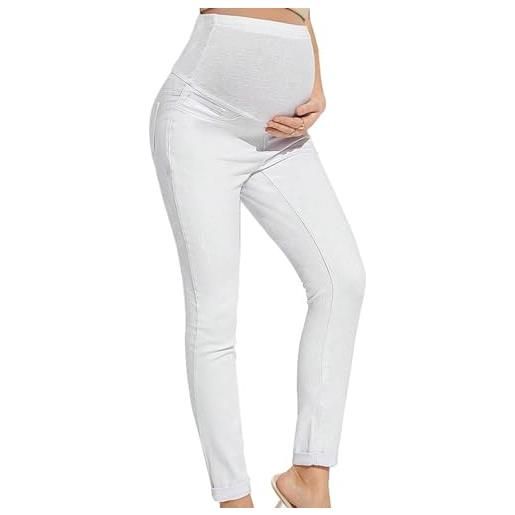 Generisch 2025 - jeans premaman da donna, jeggings su tutta la superficie, pull-on strappato, elasticizzato, skinny denim pantaloni da donna con fori, bianco, m