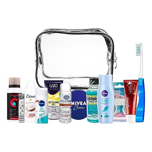 STOP TO SHOP! kit da viaggio, set da viaggio adatto per bagaglio a mano, vacanze e viaggi di lavoro, comprendente tutti i prodotti di marca per la cura della persona necessari, in un beauty case in pvc (men)