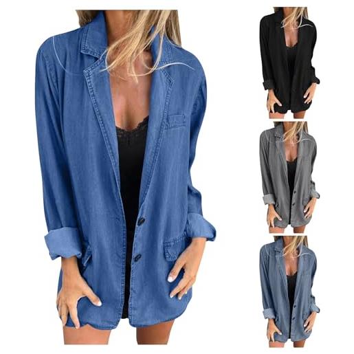 KonJim blazer da donna oversize in denim giacche da lavoro con risvolto dentellato un bottone giacche casual a maniche lunghe aperto davanti jeans cardigan plus size cappotti primaverili leggeri abiti