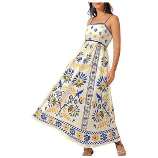 Generic women cami maxi dress, women's summer spaghetti strap cami midi floral dress, summer graffiti vacation sundress (yellow, xl)