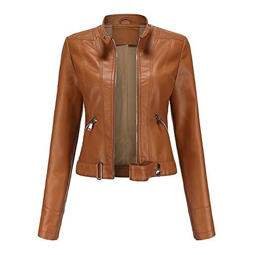 YYNUDA elegante giacca da donna in finta pelle con cerniera, corta, in poliuretano, da motociclista, marrone, s