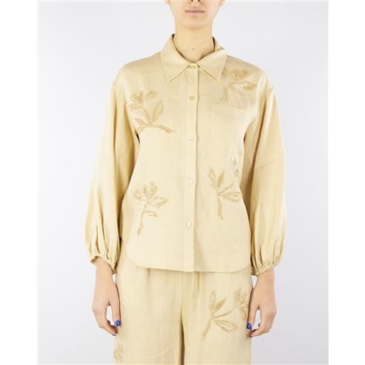 ICONA camicia sabbia in lino con ricami in paillettes