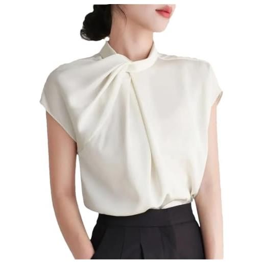 Generic camicia da donna in chiffon casual tinta unita con colletto alla coreana e bottoni a maniche corte, beige, s